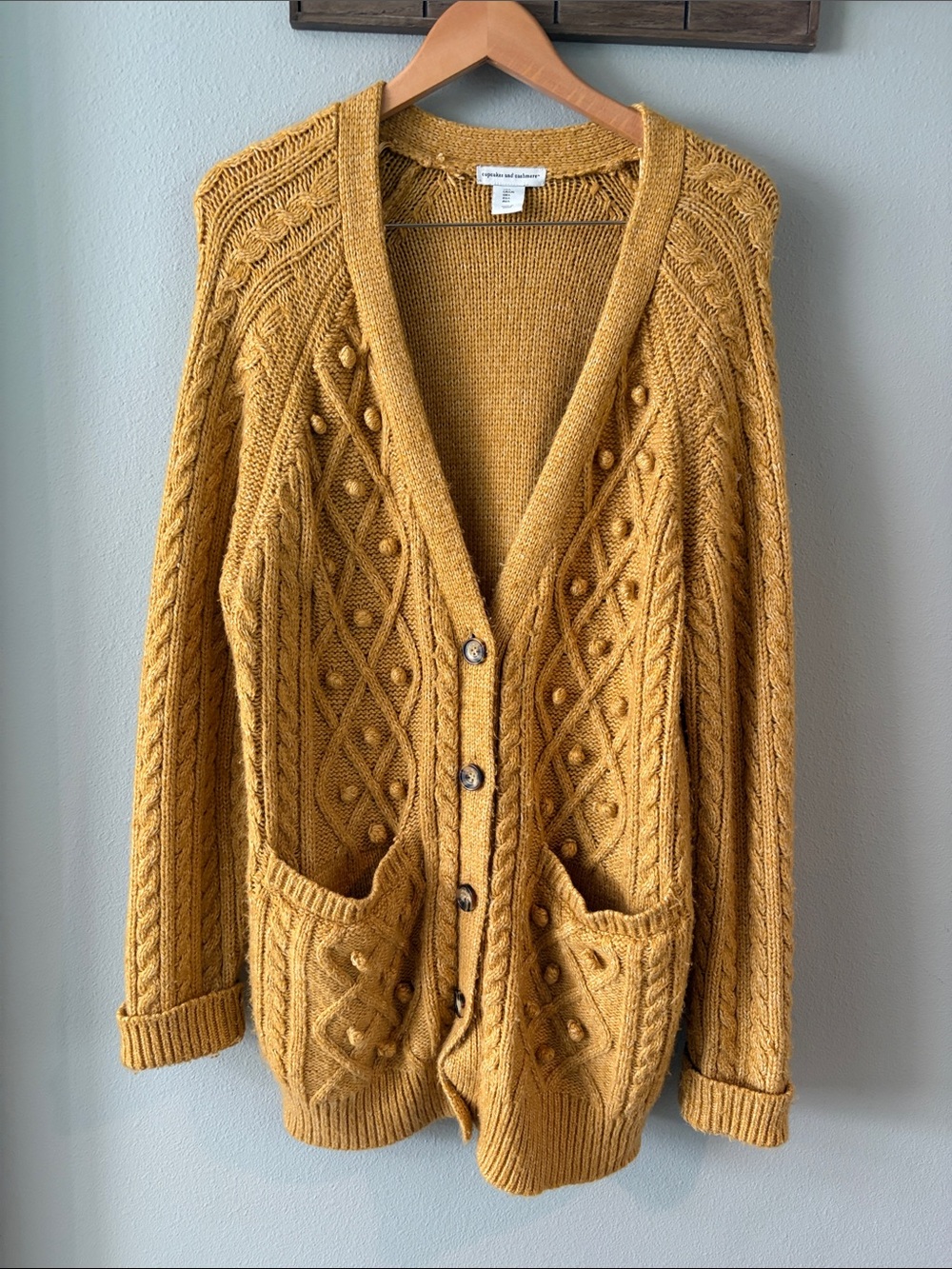Cupcakes and Cashmere Mustard Cable Knit Cardigan Sweater - size L